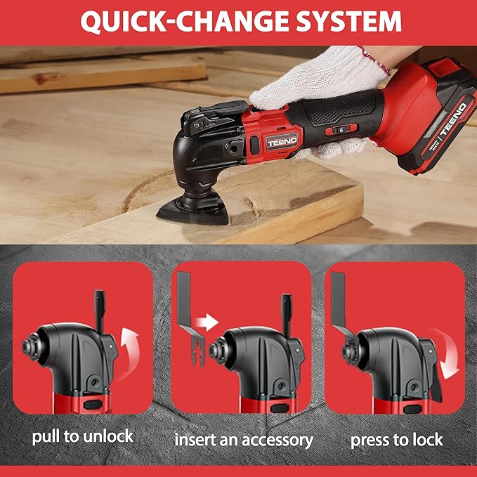 TEENO 20V Cordless Oscillating Tool with Battery, Oscillating Multi Tool with 6 Variable Speeds, Quick-Lock Change System, 4° Oscillation Angle, 26PCS Multitool Blades & Carrying Bag for DIY Projects