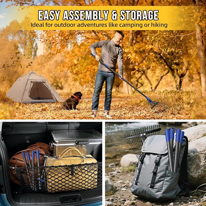 Adjustable Leaf Rake, Heavy Duty Metal Rake for Leaves, Long Handle 30"-90" with Expandable Head 8"-17", Collapsible Small Rakes for Lawns, Gardening, Yard, Camping, Shrub, Grass, Bush, Weed, Debris