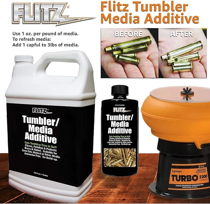 Flitz Tumbler Media Additive - 7.6oz Bottle of USA-Made Brass Cleaner Reloading Liquid for Ammo, Copper, & All Metals - Ammonia-Free Tumbling Polish to Remove Oxidation, Powder Residue (3 Pack)