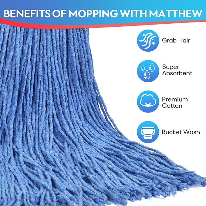 Matthew Cleaning 16oz 6Pack Cotton Floor Mop,Cotton Looped-Open String Heavy Duty String Mop Refills, Universal Headband Blend,Mop Head Replacement for Home, Industrial and Commercial Use(Blue)