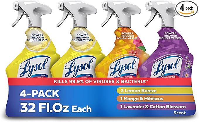 Lysol All Purpose Cleaner Spray, Multi-Purpose Disinfecting Spray, Kitchen & Bathroom Cleaner, Lemon Breeze, Lavender, & Mango Scents, 32oz (Pack of 4)