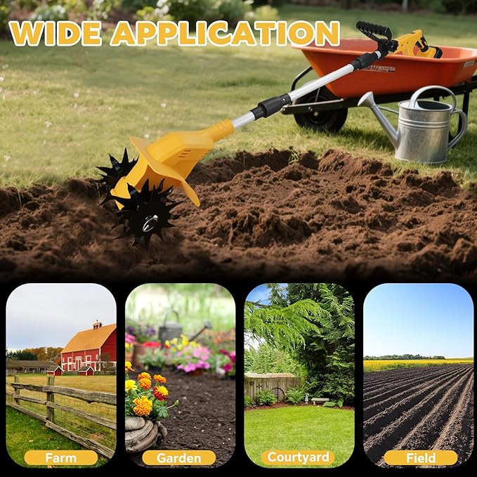 Cordless Tiller Cultivator for DeWalt 20V Battery, 330RPM Garden Cultivator,7.87" Tilling Width and 6.3" Depth Portable Rotary Tiller