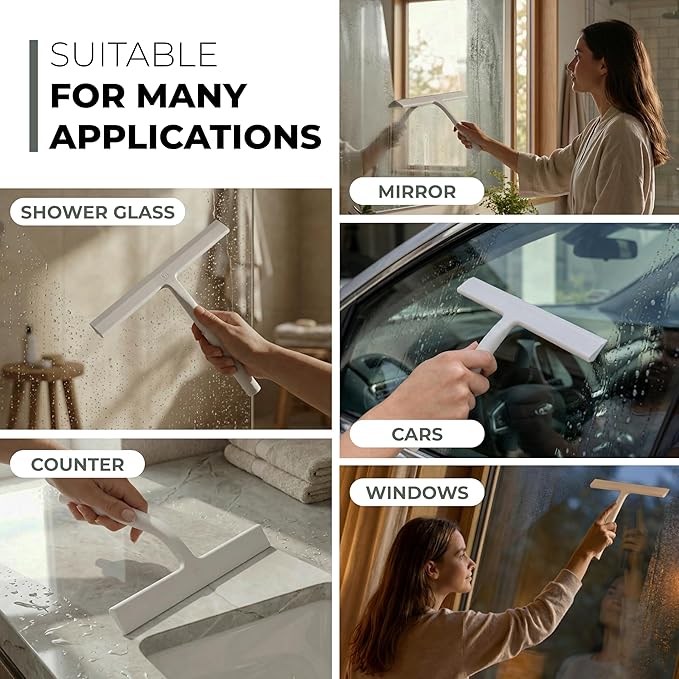 GÜTEWERK Silicone Shower Squeegee for Glass Doors & Mirrors with Stainless Steel Core, Streak-Free & No-Squeak Window Cleaning, 3-in-1 No-Drill Mount (Hook/Suction/Adhesive),White, 13 Inches