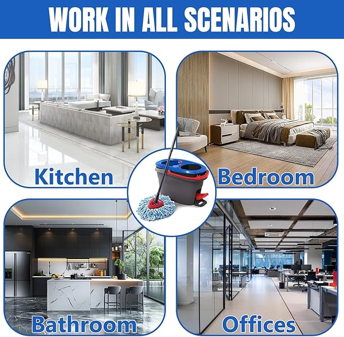 9 Pcs Spin Mop Replacement Heads, 360° Easy Wring Spin Mop 100% Microfiber Refill, Easy Cleaning Spin Mop Heads, 2 Tank System Replace Head for Easy House Cleaning Floor Mopping, Blue&White
