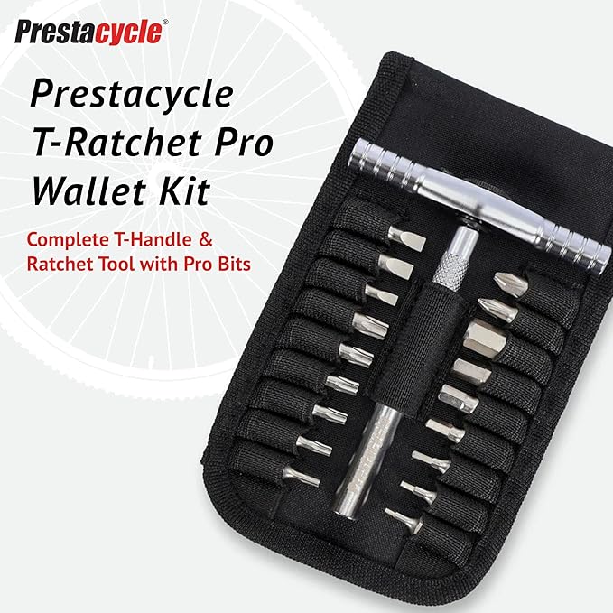 Prestacycle T-Handle Ratchet Wallet Kit – Compact 3-Way Ratchet Tool Kit with 12 Bike-Specific 1/4” Hex Bits, Bicycle, Extension Bar & Slim Carry Case