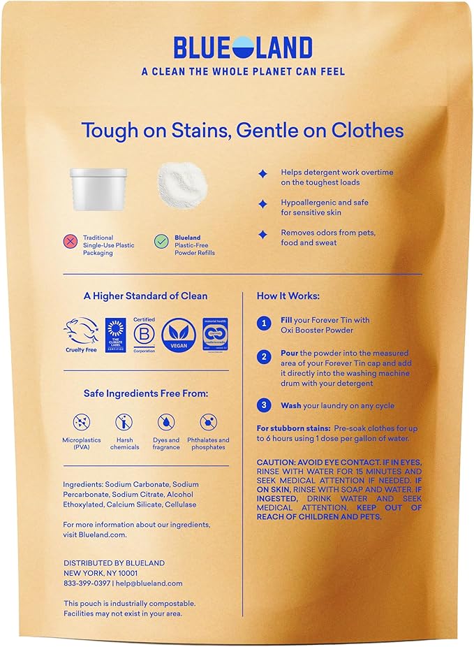 BLUELAND Oxi Laundry Booster Powder Refill 2-Pack, Fragrance Free & Clear, 50 Loads, 35.2 oz, Plastic-Free, Eco Friendly, Oxy Cleaner, Stain Remover