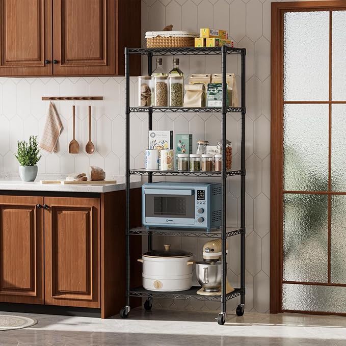 Golpart 5 Tier Shelves Storage Shelf Wire Closet Bathroom Organizers Metal Pantry Kitchen Garage Shelving Unit Laundry Room Organization Home Rack Net Basket Black with Wheels 14”D X 24”W X 61”H
