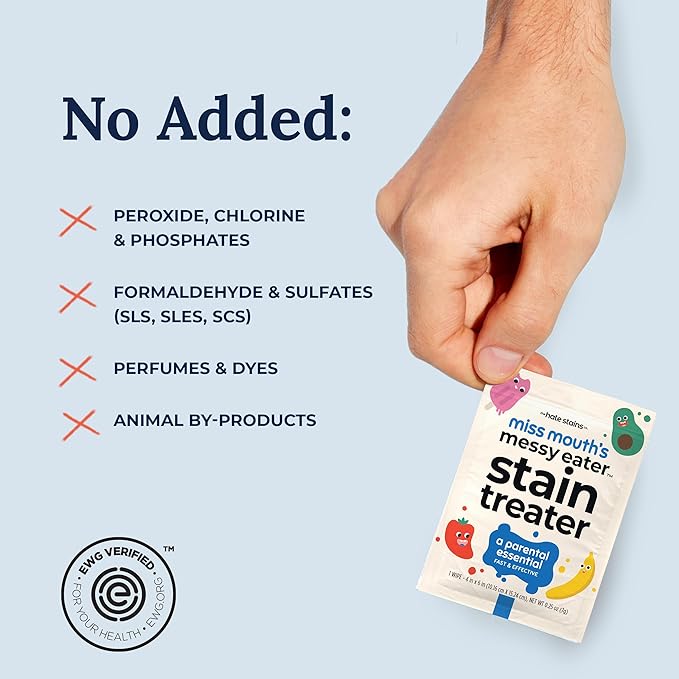 Miss Mouth's Messy Eater Stain Treater Wipes - 50 Pack Stain Remover - Newborn & Baby Essentials - No Dry Cleaning Food, Grease, Coffee Off Laundry, Underwear, Fabric