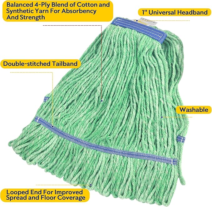 Matthew Cleaning Heavy Duty Mop Head Commercial Replacement for General and Floor Cleaning , Wet Industrial Blue Cotton Looped End String Head Refill (Pack of 12) Green