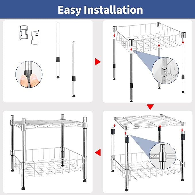 HealSmart 2-Tier Shelving Unit, 15" W x 13.8" D x 15" H Wire Metal Stackable Storage with Basket, Chrome