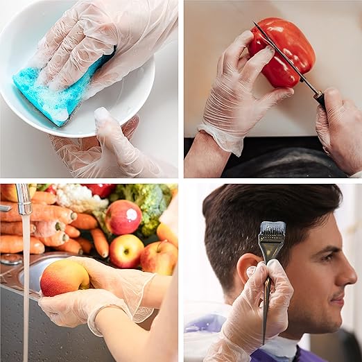 OKIAAS Disposable Gloves L, Food Safe, Bulk of 200 Pcs|Latex and Powder-Free Clear Vinyl Gloves for Cleaning, Food Prep
