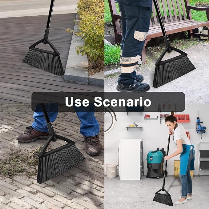 2PCS Heavy Duty Broom, Broom for Sweeeping Indoor and Outdoor, Angle Broom with Long Pole, Outdoor Broom for Courtyard/Garages/Slidewalk, Indoor Broom for Kitchen Lobby Canteen Black
