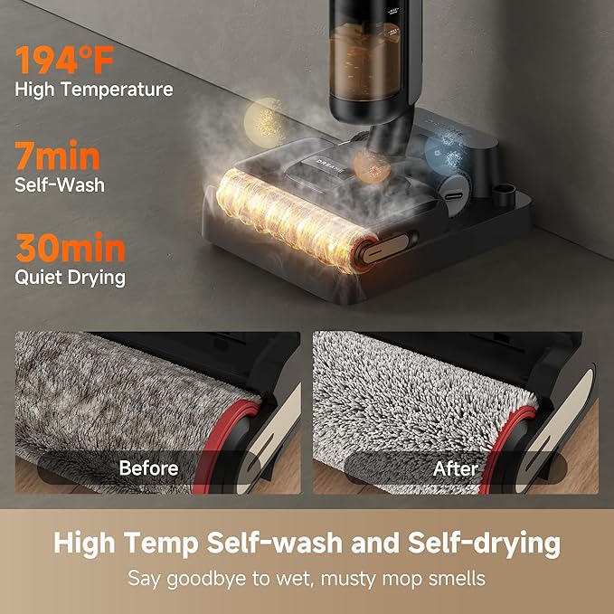 DREAME H12 Pro Gen2 Vacuum Mop, 0 Tangle Wet Dry Vacuum Cleaner, Cordless Vacuum Mop All-in-One for Hard Floors, 180° Lie-Flat Floor Cleaner Machine with 194°F Hot Self-Cleaning, 50Mins Runtime