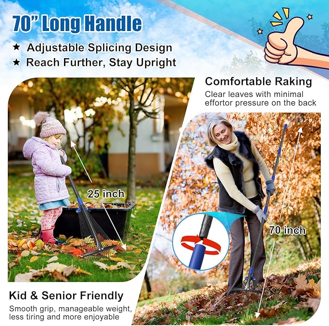 Rake for Leaves: Adjustable Metal Leaf Rake for Lawn, 8-17" Expandable Head,75” Long Handle,Collapsible Heavy Duty Women Kids Garden Rakes for Yard Pine Needles Mulch Grass Debris Gardening Camping