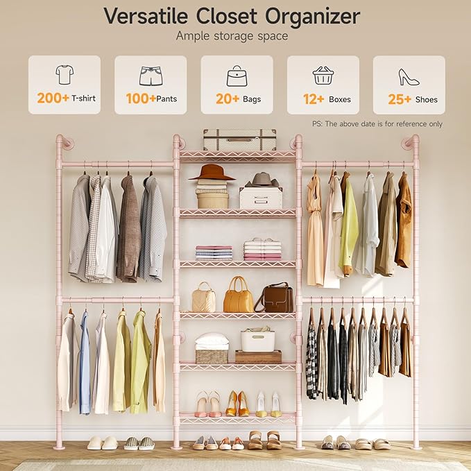 ONBRILL H3 Wall Mounted Closet System, Expandable Industrial Pipe Clothes Rack Clothing Rack for Hanging Clothes, Heavy Duty Closet Organizers and Storage in Wardrobe Closet, Pink