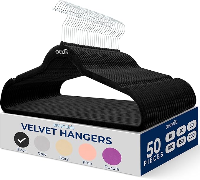 SereneLife Premium Non-Slip Velvet Hangers-Space Saving Heavy Duty Slim Suit Clothes Hanger Set with 360 Degree Swivel Metal Hook,Can Hold Up to 10 Lbs.for Coats, Jackets,Pants & Dress (50-Pack),Black