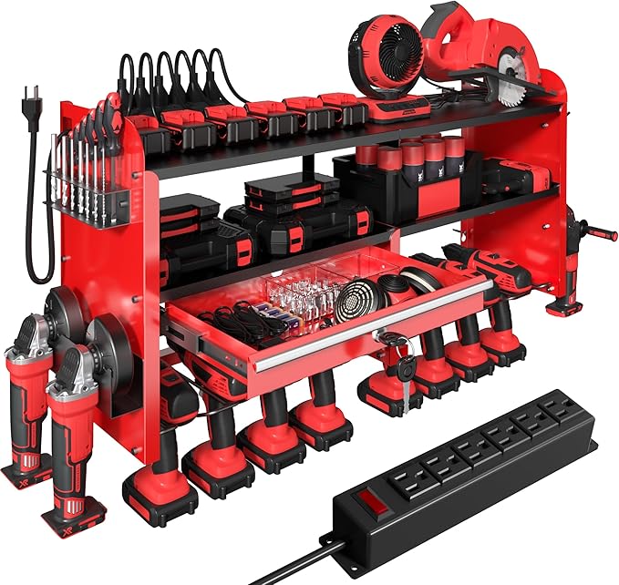 KSVO Power Tool Organizer Wall Mount with Drill Rack, Grinder Holder, Hammer & Pliers Rack, Locking Drawers, 6-Outlet Charging Shelf – Heavy Duty Metal Tool Storage for Garage, Workshop (Red)