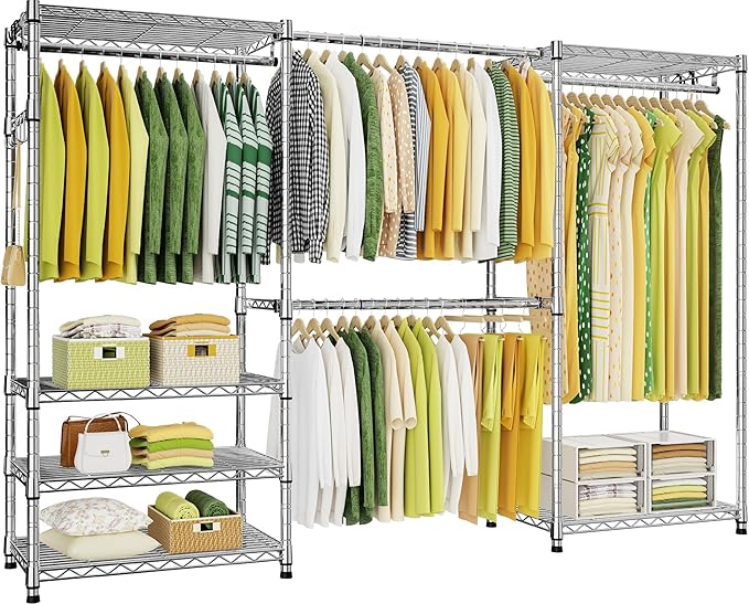 Ulif E1 Heavy Duty Closet Garment Rack, 6 Tiers Adjustable Metal Freestanding Expandable Clothing Storage with 4 Hanger Rods, Easy to Assemble Wardrobe, 71.4" H x (70" - 88.2") L x 14" D, Chrome