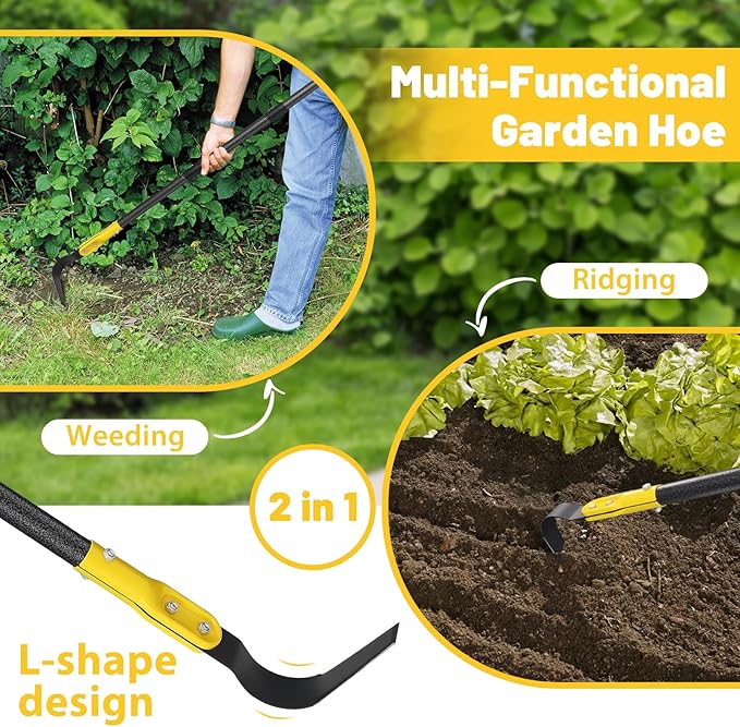 Garden Hoe Tool, 49 Inch L Shaped Hoe Garden Tools with Adjustable Long Handle for Weeding, Loosening Soil,Trenching, Heavy Duty Crack Crevice Weeding Hoe Hand Garden Tools for for Gardening Planting