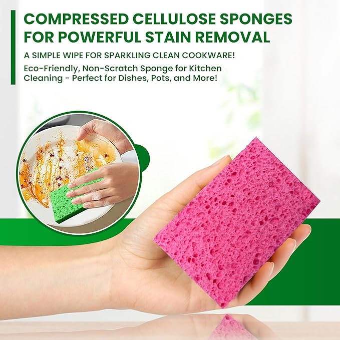 Cellulose Sponges – 48-Pack Multicolored Compressed Natural for Kitchen – Plant-Based, Biodegradable, Non-Scratch, Quick-Dry, Super-Absorbent for Dishes & Surfaces (48, Multicolor)