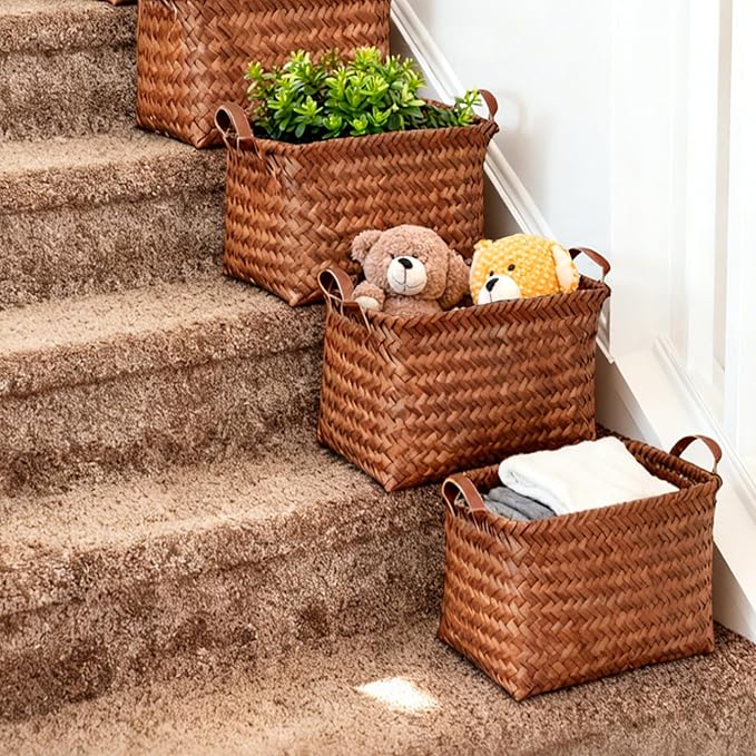 10pcs 15L Laundry Baskets Waterproof Storage Basket For Shelves Large Laundry Hamper With Leather Handle -Cube Organizer Woven Bins for Bathroom,Bedroom,Pantry,Clothes,Car Towels-Brown