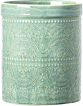 Kitchen Utensil Holder, 7 Inches Large Ceramic Utensil Holder for Countertop, Lace Emboss Cooking Utensil Crocks for Kitchen, Home Decor, Off-White, Forest Green