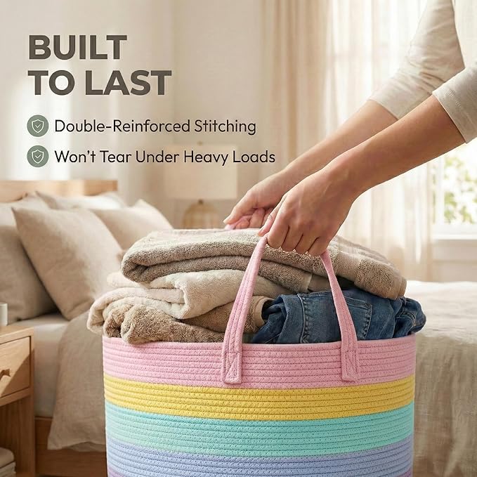 JMvicyroam 65L Extra Large Blanket Basket for Living Room - Woven Cotton Rope Laundry Hamper with Reinforced Handles - Storage Bin for Pillows, Comforters & Toys - Machine Washable,Rainbow
