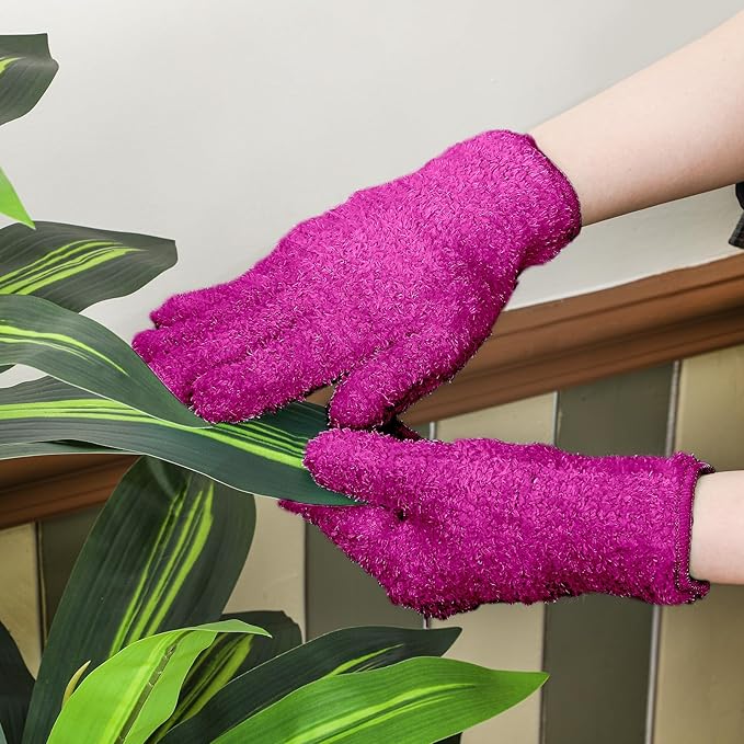 Patelai 3 Pairs Microfiber Plant Dusting Gloves Leaf Cleaning Gloves for Indoor Plants, Blinds, Furniture, House (Purple,Blue,Rose Red,Small)