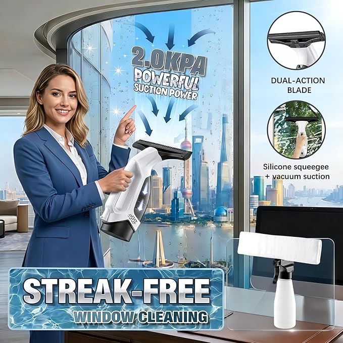 Electric Window Vacuum Squeegee Cordless 13", 2000Pa Electric Squeegee, 2200mAh Rechargeable Battery, 150ml Dirty Water Tank, Streak-Free Glass Cleaner for Shower Doors, Windows, Mirrors