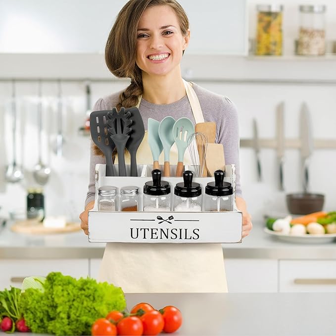 RedCall Extra Large Kitchen Utensils Holder 4 Compartments,Wood Utensil Organizer for Kitchen Countertop,Farmhouse Cooking Utensil Holder with Spice Storage space (Antique)