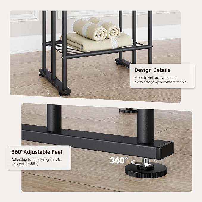 ELYKEN 3 Tier Standing Towel Rack, 40'' Tall Towel Drying Rack Outdoor, Freestanding Floor Towel Rack with Shelf, Pool Towel Blanket Stand, Metal Towel Racks for Bathroom freestanding, Matte Black