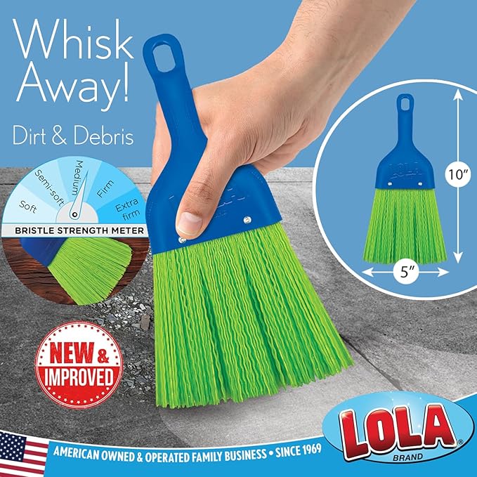 LOLA Heavy Duty Whisk Broom, Hand Brush, 2 Pack Durable Bristles, Whisks Away Dirt & Debris, Compact, Hang Hole for Easy Storage, Indoor/Outdoor