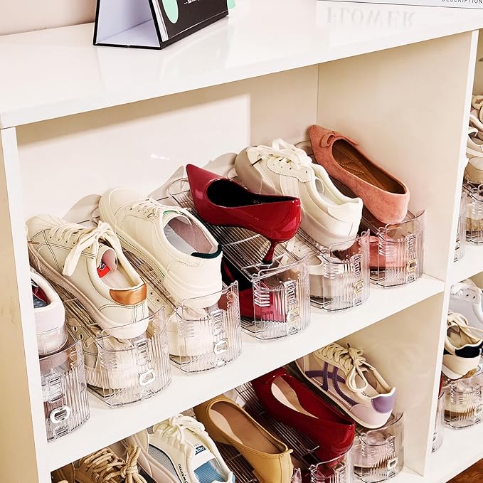 Shoe Slots Organizer, 24 Pack Transparent Shoe Stackers for A Pair of Shoes, 3 Levels Adjustable Doulbe Deck Shoe Holder 50% Space Saver for Closet Organization