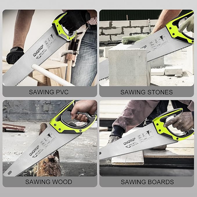 14 in. Pro Hand Saw, 11 TPI Fine-Cut Soft-Grip Hardpoint Handsaw Perfect for Sawing, Trimming, Gardening, Cutting Wood, Drywall, Plastic Pipes, Sharp Blade, Ergonomic Non-Slip Handle (green)