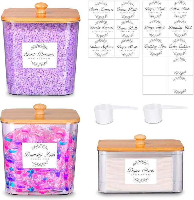 efluky 3 Pack Laundry Pods Container & Dryer Sheet Holder Set, Clear Laundry Room Organization Containers with Bamboo Lids and Labels, Detergent Pods Storage for Scent Booster, Powder