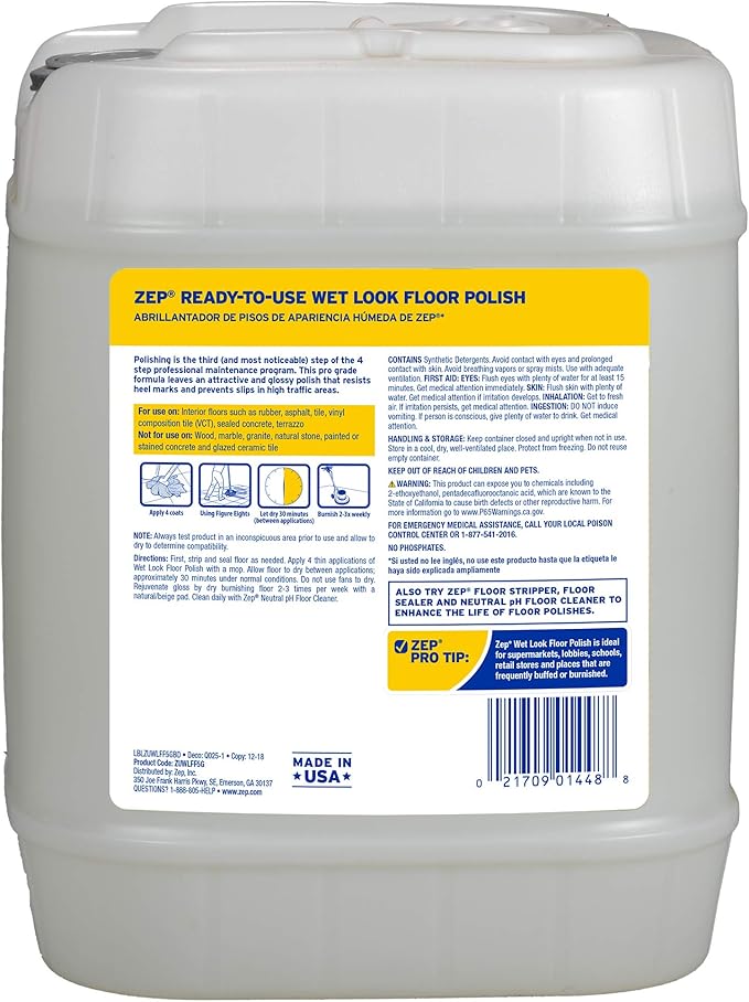 Zep Zuwlff5g Wet Look Floor Finish, 5-Gals. Floor Cleaner, Stripper & Polish