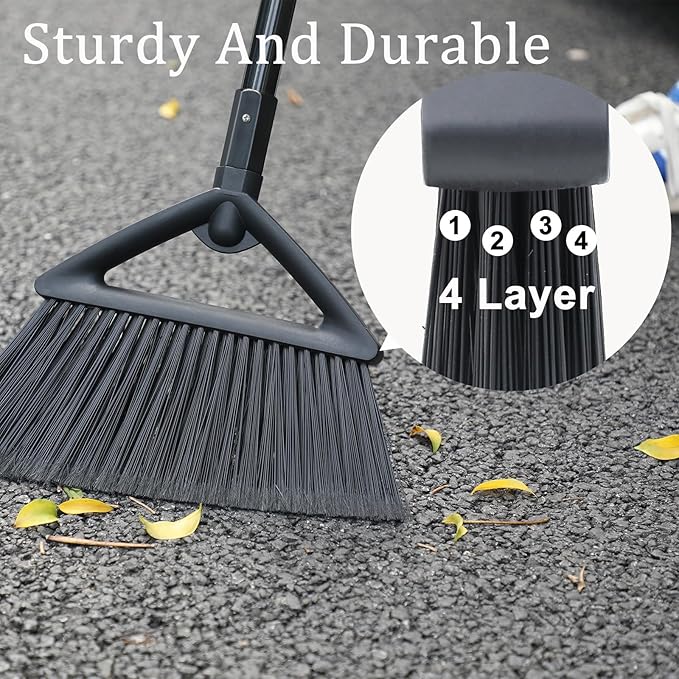 4PCS Heavy Duty Broom, Broom for Sweeeping Indoor and Outdoor, Angle Broom with Long Pole, Outdoor Broom for Courtyard/Garages/Slidewalk, Indoor Broom for Kitchen Lobby Canteen Black