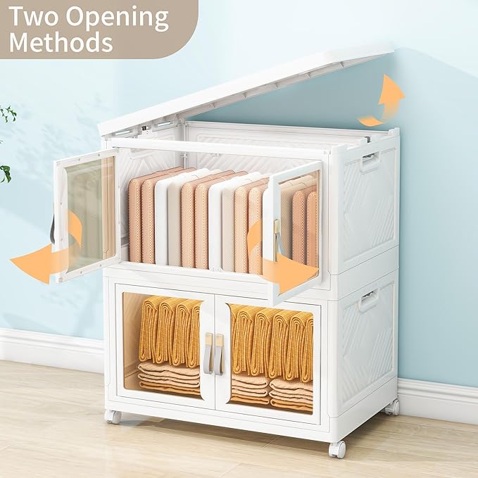 Large Stackable Storage Bins with Lids, 440QT-110QT*4Tier Foldable Cabinet for Closet Organizers, Plastic Storage Containers Box with Wheels