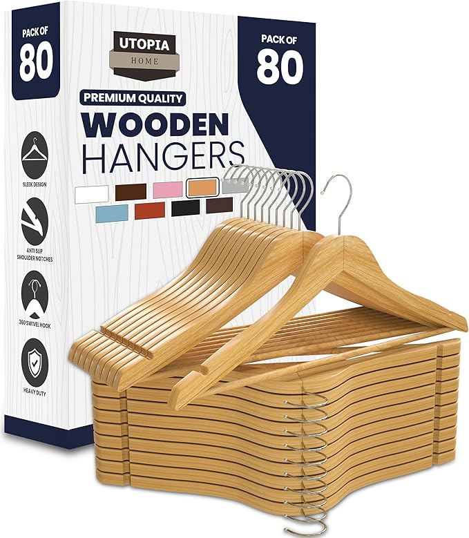 Utopia Home Premium Wooden Hangers 80 Pack - Durable & Slim Coat Hanger - Suit Hangers with 360-Degree Rotatable Hook - Wood Hangers with Shoulder Grooves (Natural Color)