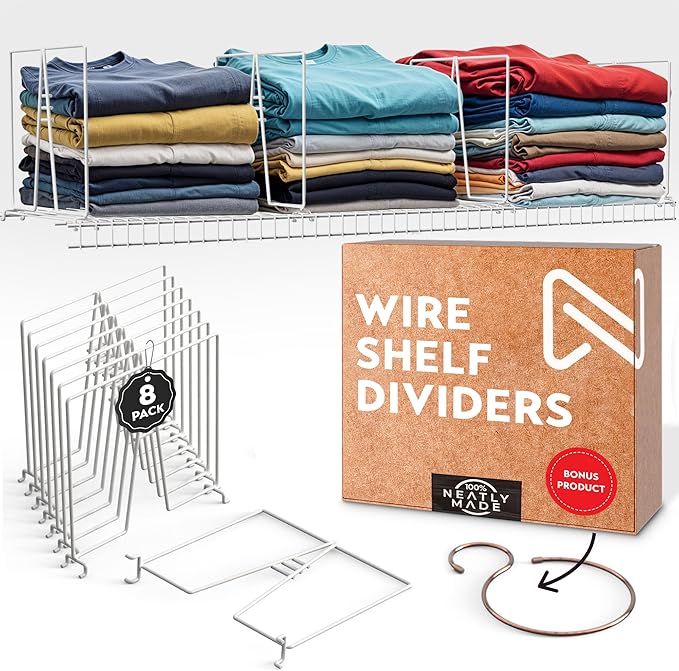 Tall Wire Shelf Dividers for Closet Organization – 8 Pack For 16 Inch Wire Shelves Only - Measure Before You Buy - Sturdy and Easy Set-Up with Bonus Rose Gold Hanger