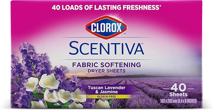 Clorox Scentiva Fabric Softener Dryer Sheets, Tuscan Lavender & Jasmine Scent - Wrinkle Reducing Scented Softening Laundry Dryer Sheets for Great Smelling Clothes, 40 Count