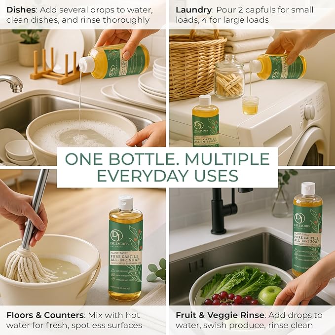 Dr. Jacobs Naturals Eucalyptus Castile All-in-One Cleaner and Soap - Plant-Based Formula for House Cleaning Floors and Appliances - Gentle on Skin and the Planet - 32 oz, 2 Pack