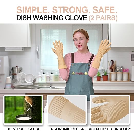Mamison 2 Pairs Reusable Waterproof Household Dishwashing Cleaning Rubber Gloves, Non-Slip Kitchen Glove (Ivory, Small (Pack of 2))