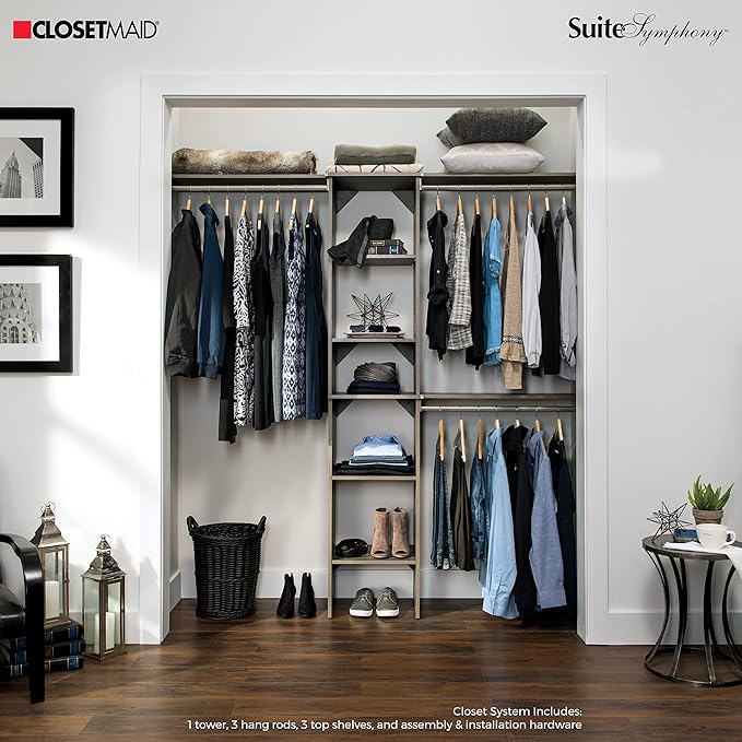 ClosetMaid SuiteSymphony Wood Closet Organizer Kit with Tower, 3 Hang Rods, Top Shelves, Adjustable, Fits Spaces 5-9 ft. Wide, Graphite Grey