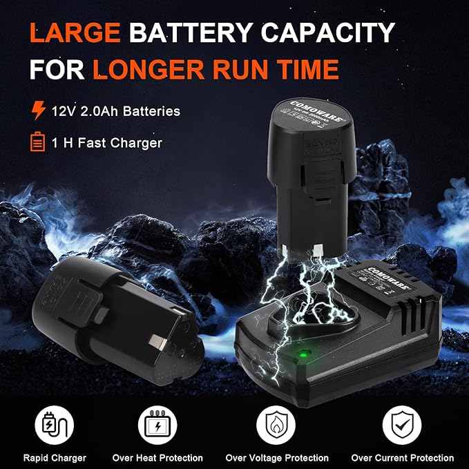 COMOWARE 3/8 Cordless Electric Ratchet Wrench Kit, 40ft-lbs Torque, 12V Power, 8 Sockets, LED Light, Fast Charger, Ergonomic Design