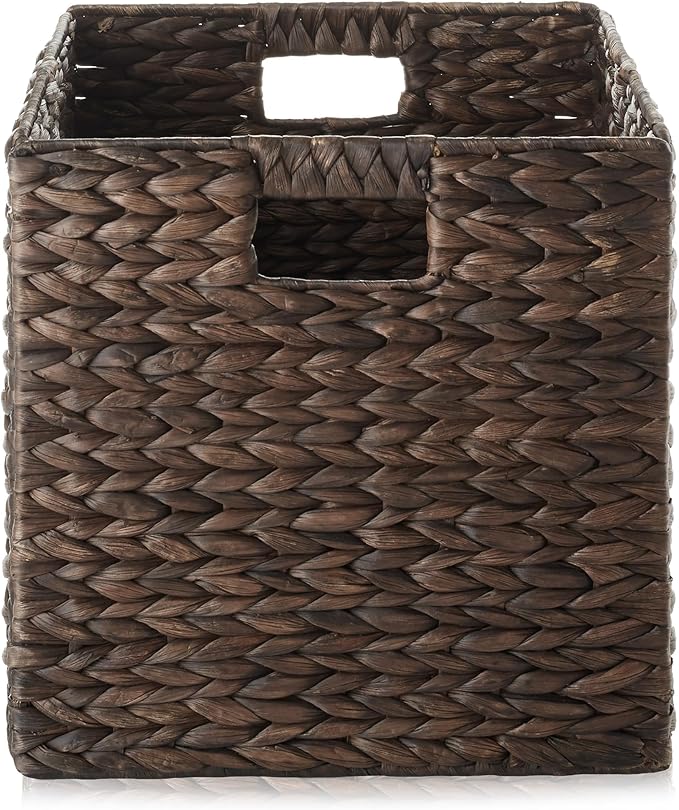 Casafield 12" x 12" Water Hyacinth Storage Baskets, Espresso - Set of 6 Collapsible Cube Organizers, Woven Bins for Bathroom, Bedroom, Laundry, Pantry, Shelves