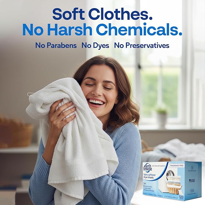 Earth Breeze Fabric Softener Dryer Sheets – Fragrance Free, Hypoallergenic, No Harsh Chemicals, Safe for Sensitive Skin – Static Cling & Wrinkle Reducer – Gentle Fabric Care – Made in USA (1 Pack)