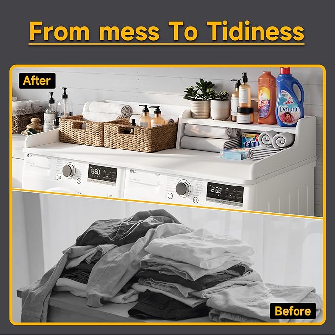 Washer Dryer Countertop Laundry Wood 2 Tier Shelves Topper with Edge, 54" W x 26.7" D Cover Guard Organizer for Washer and Dryer Laundry Hamper Counter Storage Organization White Wood