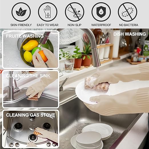 Reusable Waterproof Household Dishwashing Cleaning Rubber Gloves, Non-Slip Kitchen Glove (Ivory, Small (Pack of 3))