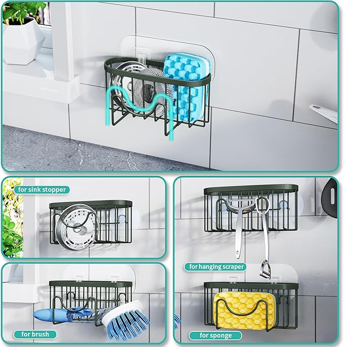 HapiRm Sponge Holder for Kitchen Sink - Sink Caddy with Unique M-Shaped, 2 Installation Methods Kitchen Organizer, Rustproof Stainless Steel Sponge Caddy - Green